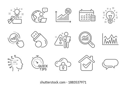 Calendar, Messenger and Graph chart line icons set. Artificial intelligence, Creative idea and Cloud protection signs. 5g statistics, Flash memory and Idea symbols. Line icons set. Vector