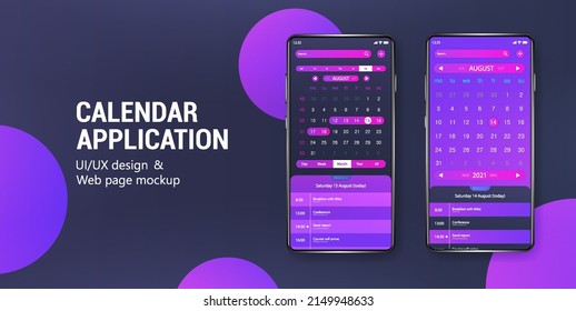 Calendar Mobile App Mockup with gradient colors on 3D smartphone. Modern App calendar with planner, reminder, checklist, agenda. Dashboard with UI and various adjustments and filters. Vector planner