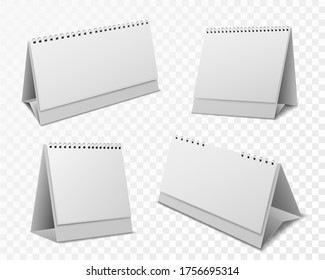Calendar mockup. Blank organizer with spiral and white paper pages for event reminder, message, desktop office calendar realistic vector set on transparent background