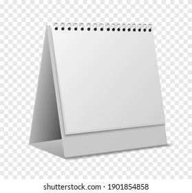 Calendar mockup. Empty realistic organizer with sheets on spiral angle view standing, blank paper pages for messages, desktop office event reminder, stationery template, 3d vector isolated object