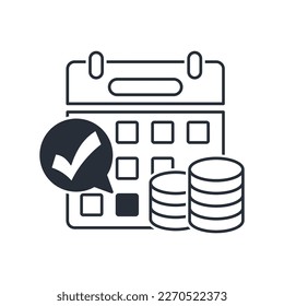 Calendario y dinero. Día de pagos financieros. Icono lineal vectorial aislado en fondo blanco.