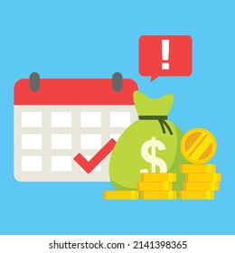 Calendar and money as payment date reminder vector notice