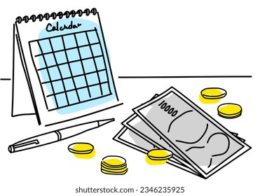 calendar, money and pen hand drawing illustration, vector