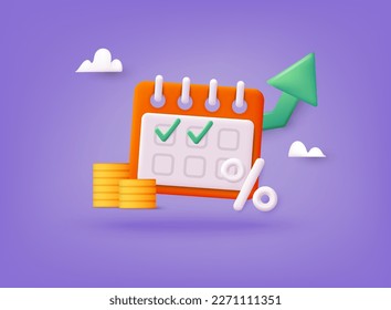 Aviso vectorial de recordatorio de fecha de pago de la deuda por concepto de impuestos sobre el calendario y el dinero. Ilustraciones de vectores Web 3D.