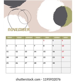 Calendar month 2019 planner with abstract vector graphic