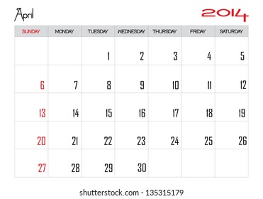 Calendar month of april 2014 in English