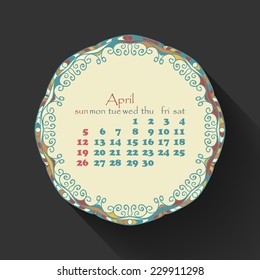 Calendar month of April 2015 in English. Arabic, ethnic style.