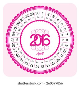 Calendar month April 2016, designed as circular