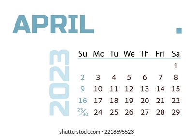 Calendar for the month of april 2023. blue Horizontal calendar for business. Vector template Simple design desktop calendar. Week Starts Sunday.