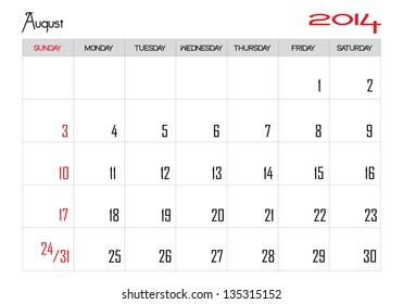 Calendar month of august 2014 in English