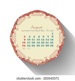 Calendar month of August 2015 in English. Arabic, ethnic style.