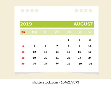 Calendar Month August 2019 Vector.