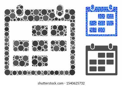 Calendar month composition of small circles in variable sizes and color tinges, based on calendar month icon. Vector random circles are composed into blue composition.