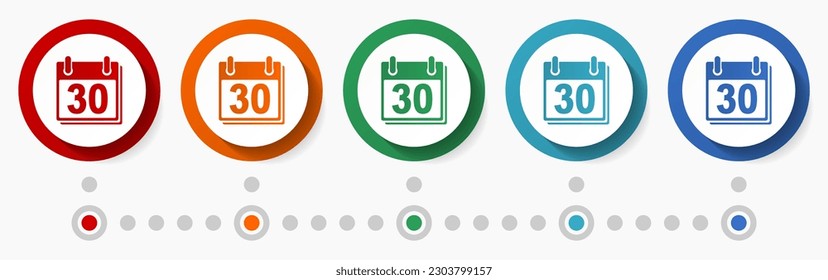 Calendar, month concept vector icon set, flat design colorful buttons, infographic template in 5 color options
