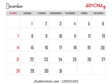 Calendar month of december 2014 in English