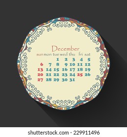 Calendar month of December 2015 in English. Arabic, ethnic style.