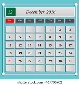 Calendar for the month of December 2016 on a blue background , illustration, vector.