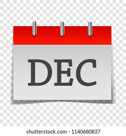  Calendar month December icon on gray and red color on transparent background.  Layers grouped for easy editing illustration.  For your design.