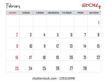 Calendar month of february 2014 in English