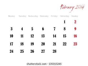 Calendar month of february 2014 in English