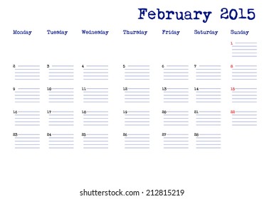Calendar month of february 2015