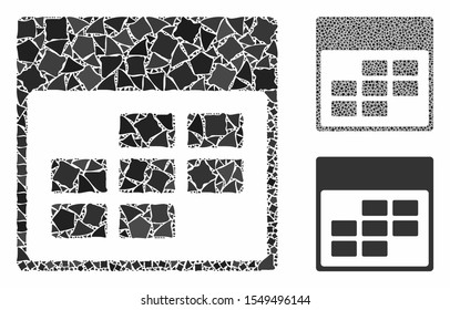 Calendar month grid composition of abrupt pieces in different sizes and shades, based on calendar month grid icon. Vector bumpy pieces are grouped into collage.