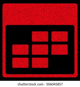 Calendar Month Grid grainy textured icon for overlay watermark stamps. Flat symbol with unclean texture. Dotted vector red ink rubber seal stamp with grunge design on a black background.