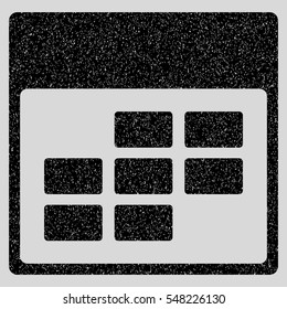 Calendar Month Grid grainy textured icon for overlay watermark stamps. Flat symbol with dirty texture. Dotted vector black ink rubber seal stamp with grunge design on a light gray background.