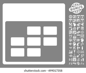 Calendar Month Grid icon with bonus calendar and time management graphic icons. Vector illustration style is flat iconic symbols, white, gray background.