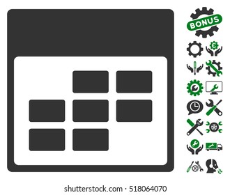 Calendar Month Grid icon with bonus service pictograph collection. Vector illustration style is flat iconic symbols, green and gray, white background.