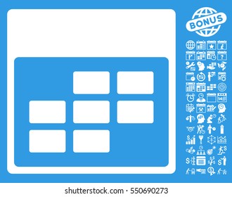 Calendar Month Grid icon with bonus calendar and time management icon set. Vector illustration style is flat iconic symbols, white, blue background.