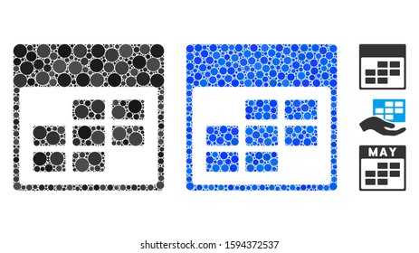 Calendar month grid mosaic of small circles in different sizes and shades, based on calendar month grid icon. Vector random circles are organized into blue mosaic.