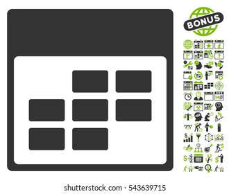 Calendar Month Grid pictograph with bonus calendar and time management images. Vector illustration style is flat iconic symbols, eco green and gray, white background.