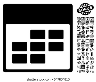 Calendar Month Grid pictograph with bonus calendar and time management images. Vector illustration style is flat iconic symbols, black, white background.