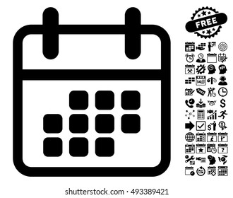 Calendar Month icon with bonus calendar and time management pictures. Vector illustration style is flat iconic symbols, black color, white background.