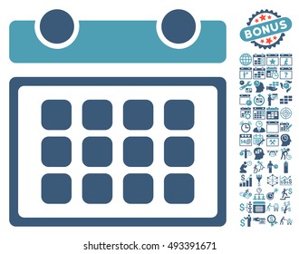 Calendar Month icon with bonus calendar and time management images. Vector illustration style is flat iconic bicolor symbols, cyan and blue colors, white background.