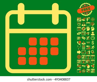 Calendar Month icon with bonus calendar and time management clip art. Vector illustration style is flat iconic bicolor symbols, orange and yellow colors, green background.