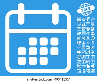 Calendar Month icon with bonus calendar and time management symbols. Vector illustration style is flat iconic symbols, white color, blue background.
