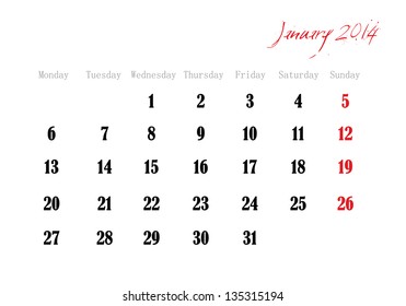 Calendar month of january 2014 in English