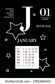 Calendar for the month of January 2022. The background color is "Jet black", the letter of the month " J " is January. The layout has color information: the title, color code, and data in cmyk, rgb.