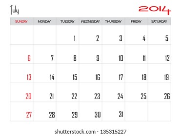 Calendar month of july 2014 in English