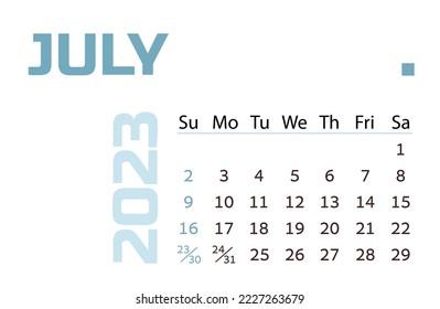 Calendar for the month of July 2023. blue Horizontal calendar for business. Vector template Simple design desktop calendar. Week Starts Sunday.