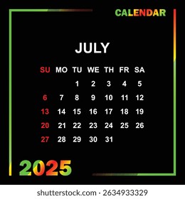 calendar month july 2025 illustration
