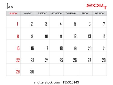 Calendar month of june 2014 in English