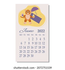 calendar for the month of June with a tiger resting on the beach on the sand under an umbrella, with a cocktail and ice cream