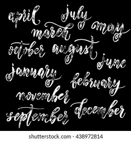 Calendar month lettering grunge calligraphy. Chalk board vintage hand drawn names of months for january, february, march, april, may, june, july, august, september, october, november, december.