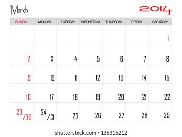 Calendar month of march 2014 in English