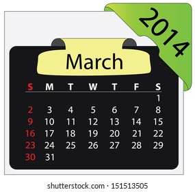 Calendar month of march 2014 in English with green label. Editable isolated vector design.  