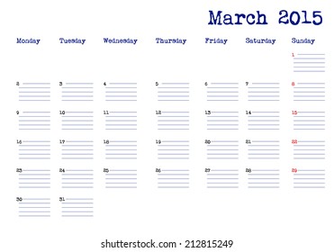 Calendar month of march 2015