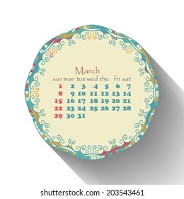 Calendar month of March 2015 in English. Arabic, ethnic style.